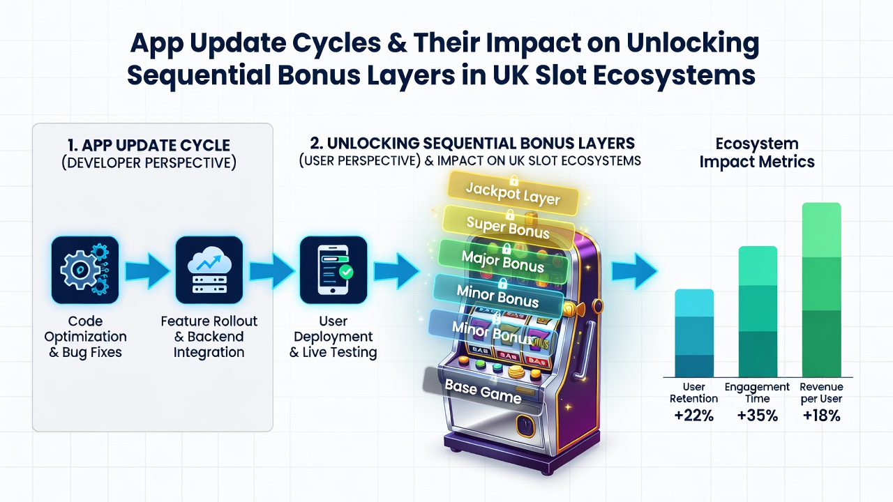 UK slot app update logs showing version changes next to bonus layer completion metrics and user session timelines