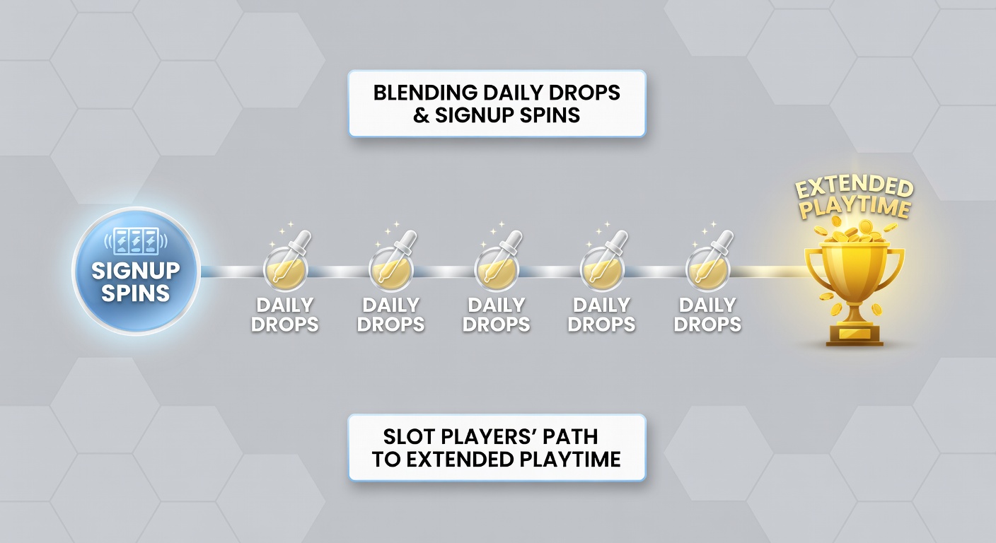 Dynamic graphic showing slot interface with daily drop timer merging into signup spin counters, symbolizing blended bonus strategies for prolonged gameplay