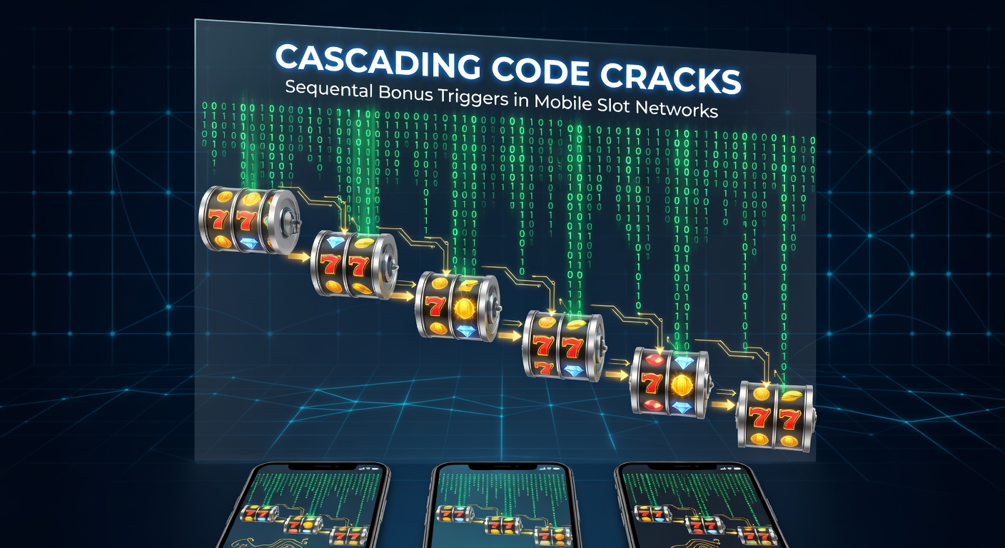 Dynamic visualization of bonus triggers cascading through a web of mobile slot apps, showing code streams flowing from one platform to interconnected networks with exploding reward icons