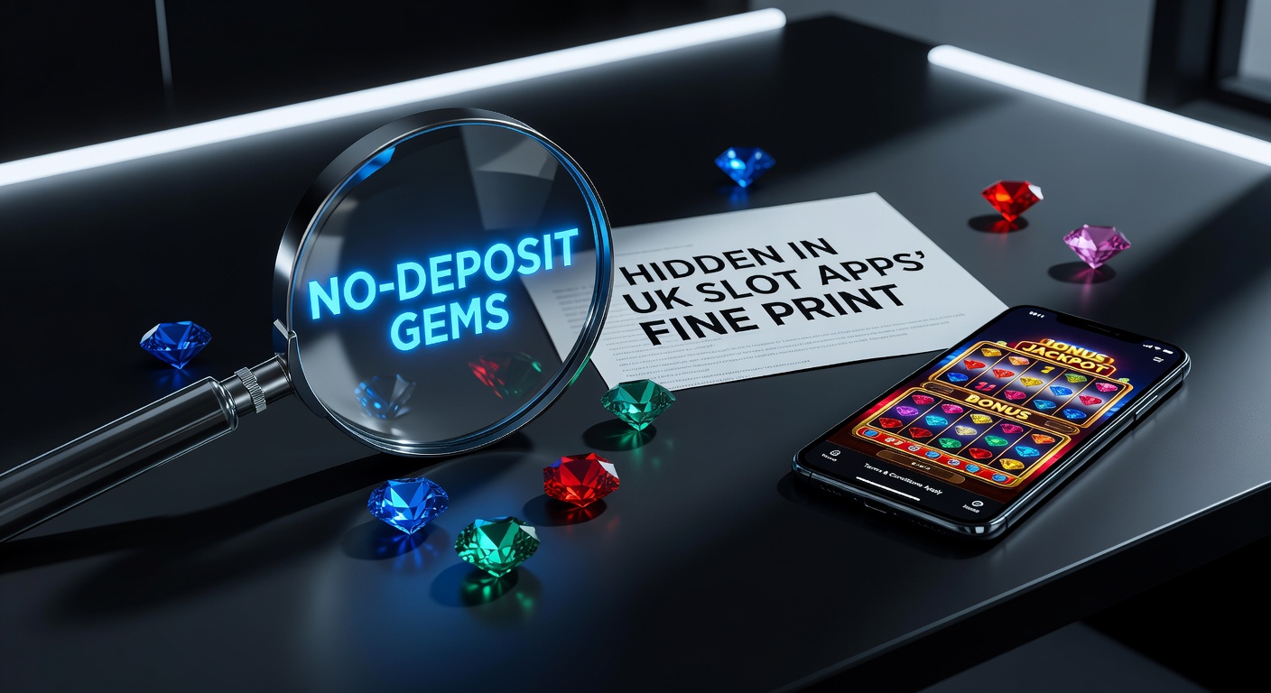 Shadowy figure examining magnified fine print on a smartphone displaying a UK slot app's no-deposit bonus terms with glowing highlights on key clauses