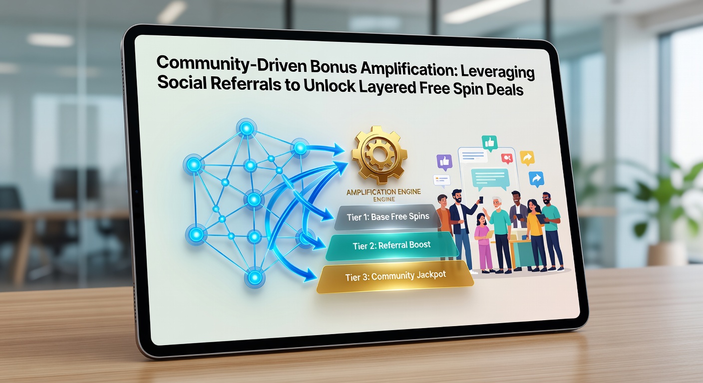 Screenshot of a mobile casino app interface displaying community referral progress and layered free spin rewards