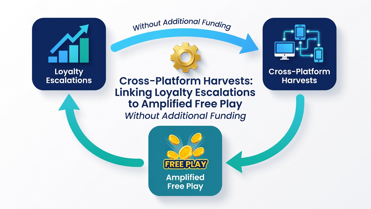 Diagram depicting data flow between loyalty systems on different slot sites leading to free play credits
