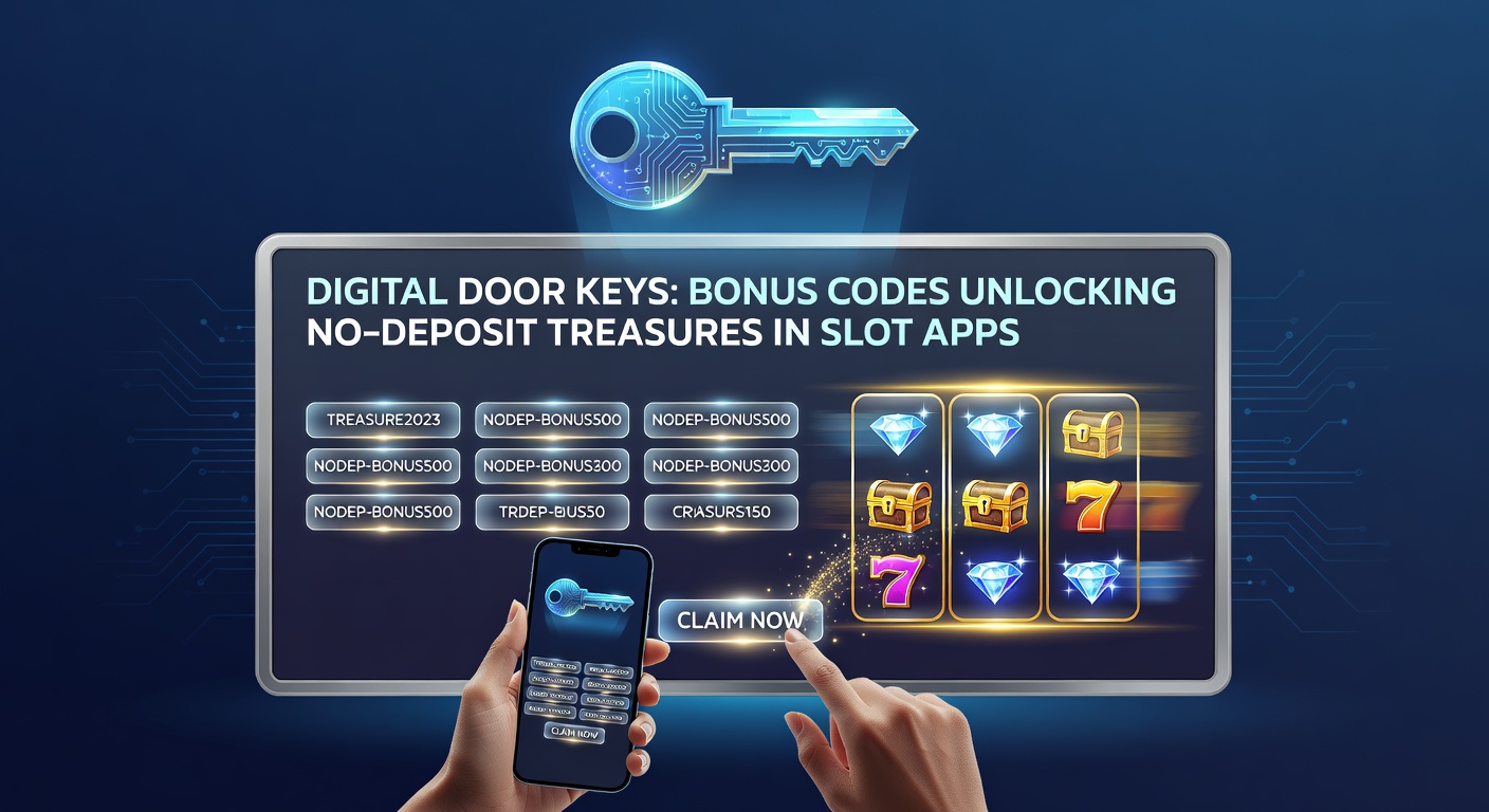 Close-up of a smartphone screen displaying a bonus code entry field, with slot reels spinning and no-deposit coins pouring out