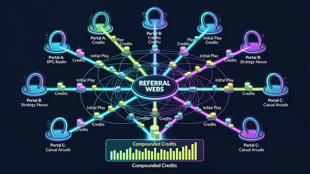 Screenshot of a gaming portal interface displaying accumulated referral credits across connected sites