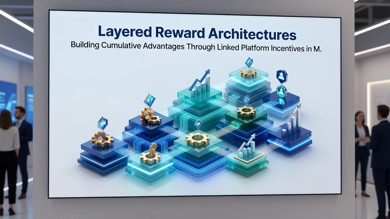 Infographic showing cumulative advantage progression across linked mobile reel applications with example reward tiers