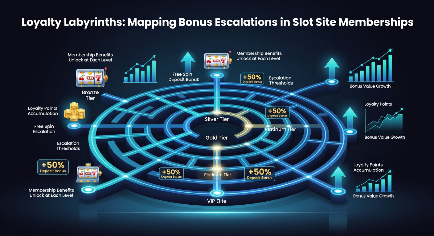 Detailed flowchart depicting bonus escalation triggers and tier progression in slot loyalty programs, with icons for cashback, spins, and VIP access