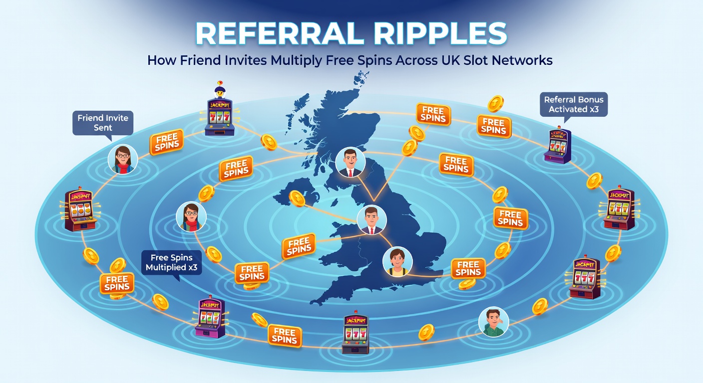 Diagram showing a referral tree branching out, with free spins accumulating at each node across slot platforms