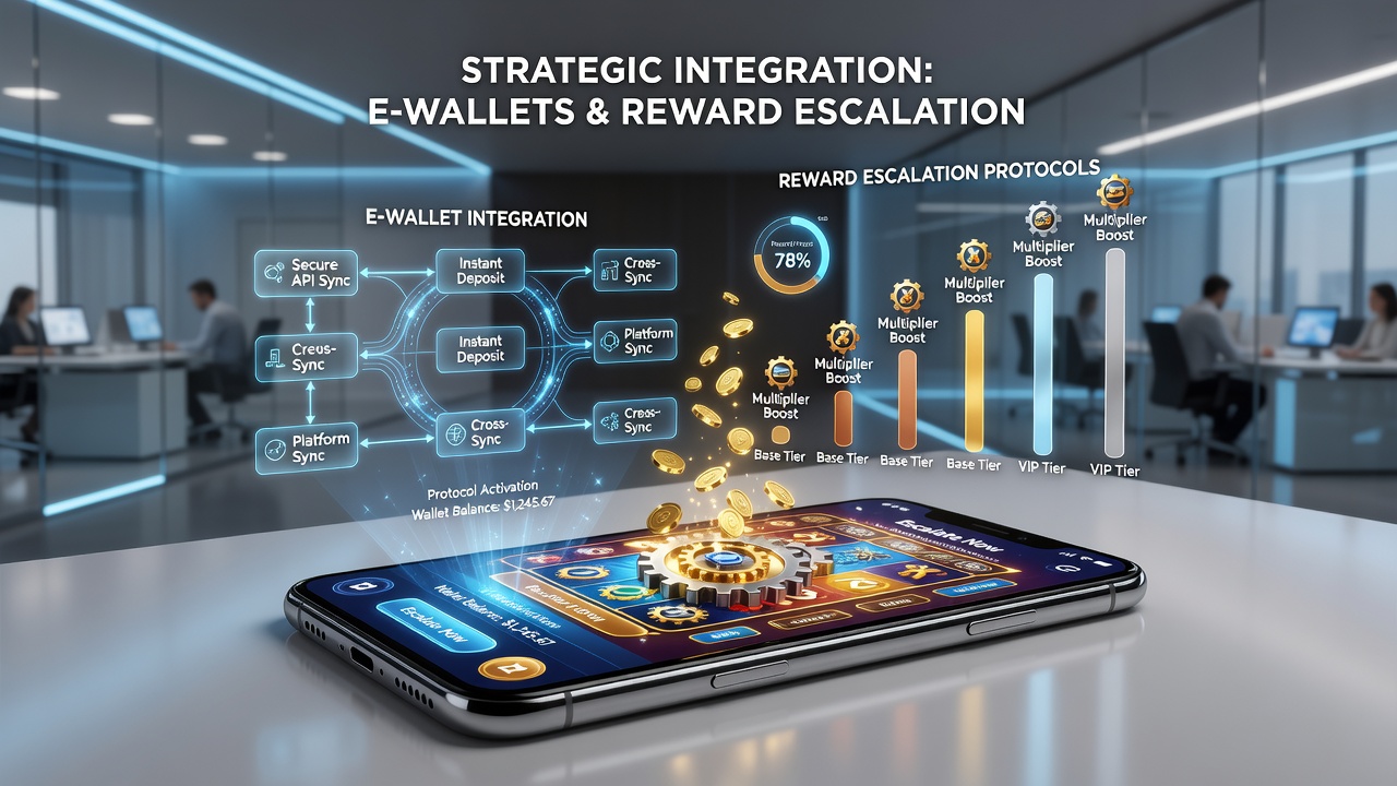 Mobile slot app screen illustrating reward escalation tiers linked to e-wallet deposits