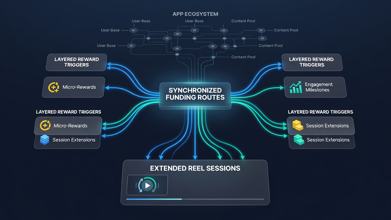 Diagram illustrating layered reward triggers connected to various funding routes in a mobile reel app ecosystem