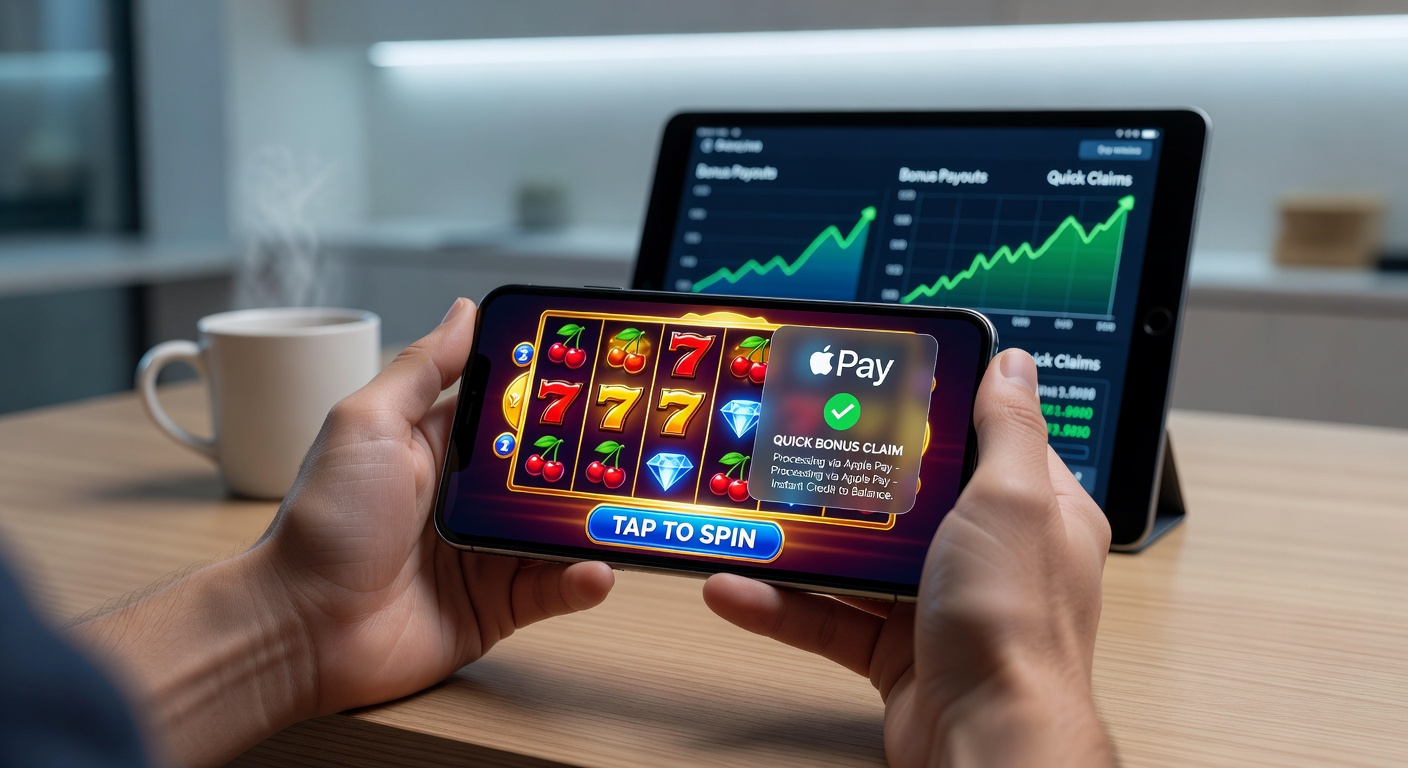 Close-up of finger tapping Apple Pay on a slot bonus claim screen, showing instant confirmation and free spins counter ticking up