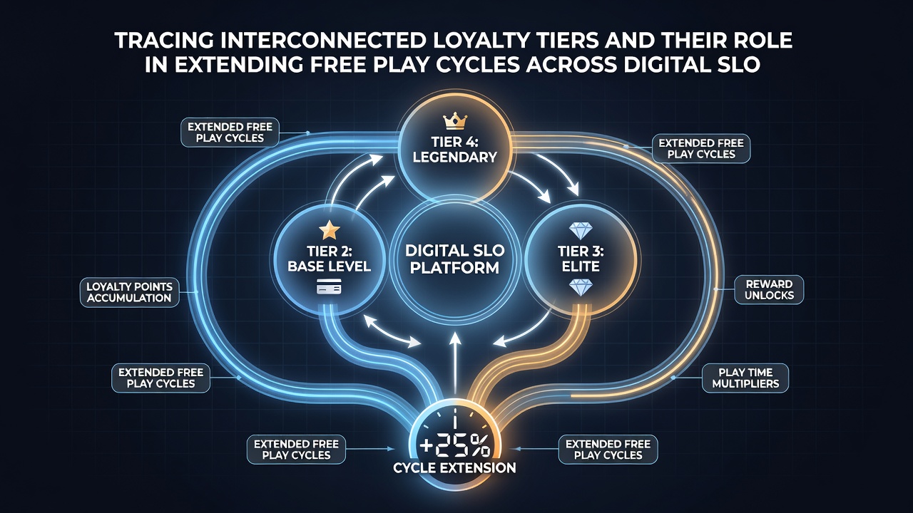 Flowchart illustrating data sharing between slot operators and how loyalty points feed into extended free play eligibility