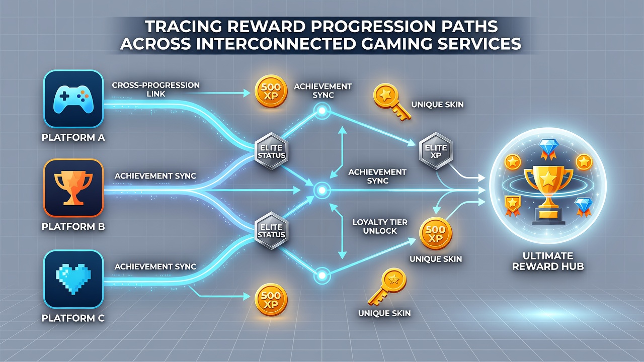 Diagram illustrating reward flow between gaming services with arrows showing progression stages